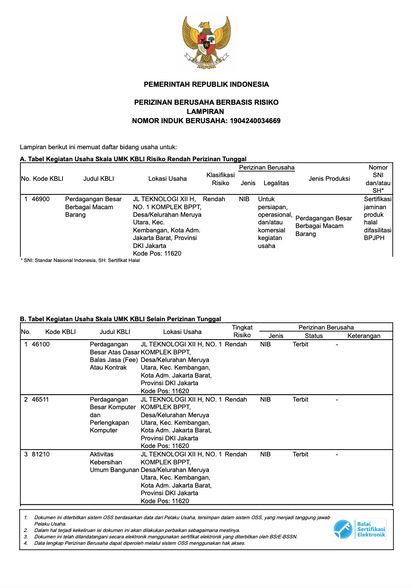 Lampiran NIB, KBLI PT Artomoro Global Service