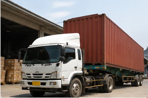 Truk kontainer bersiap di depan gudang